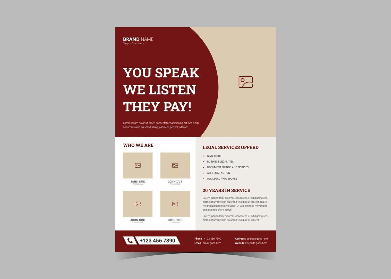 Law firm flyer template. Legal law firm flyer poster leaflet vector