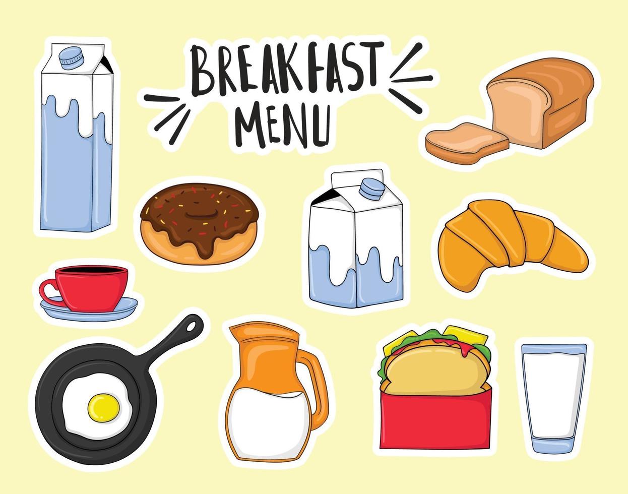 conjunto de elementos de menú de desayuno coloridos dibujados a mano vector