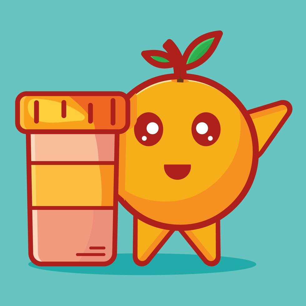 Linda mascota naranja con botella de vitamina c, ilustración aislada vector