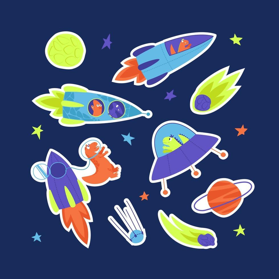 Neon stickers of bright dinosaurs traveling into space on a rocket vector