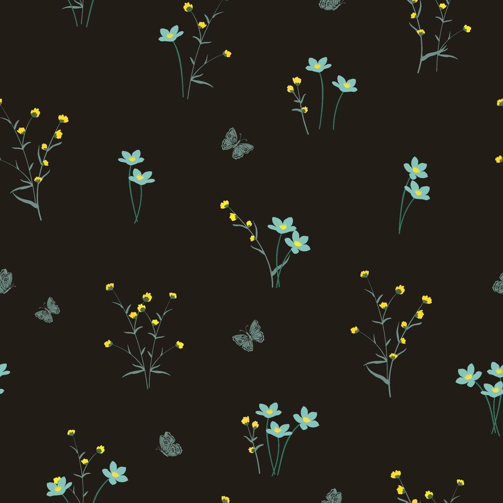 Wildflowers on yellow and soft blue tone seamless pattern vector