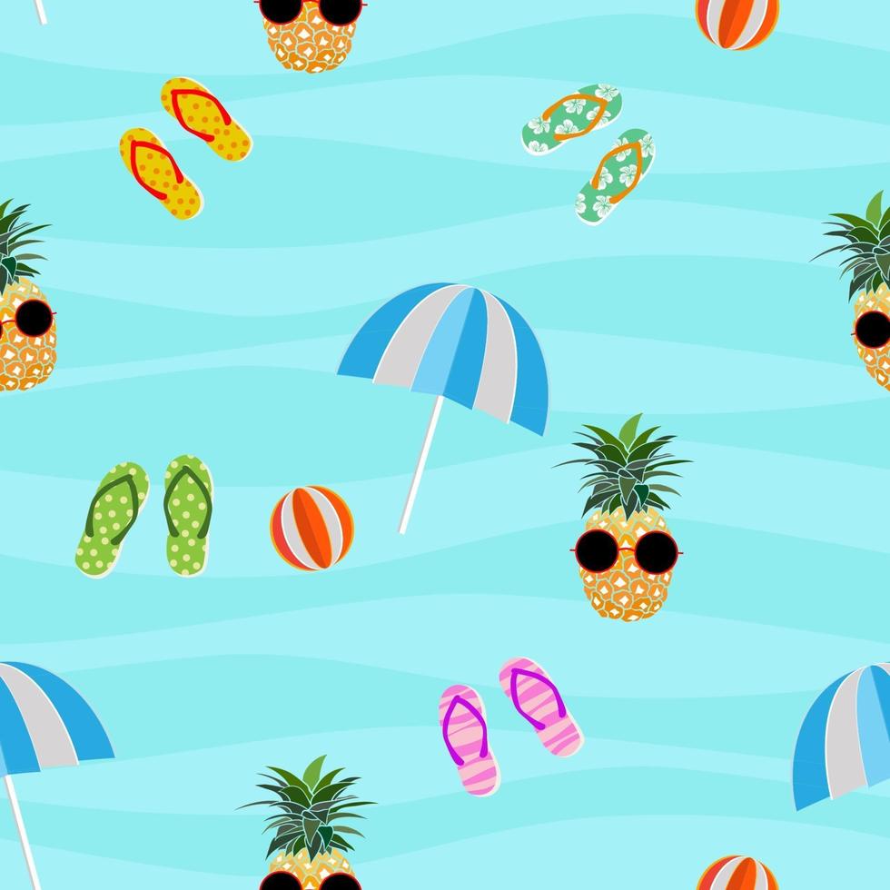 patrón sin costuras de verano colorido con piña, paraguas, zapatillas, pelota vector