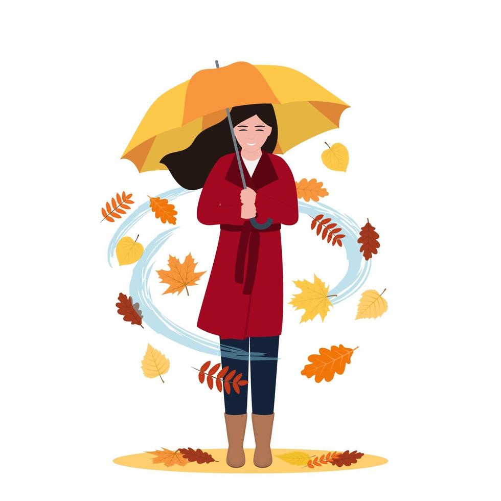 Smiling Woman Holding Umbrella in Windy Autumn Day vector