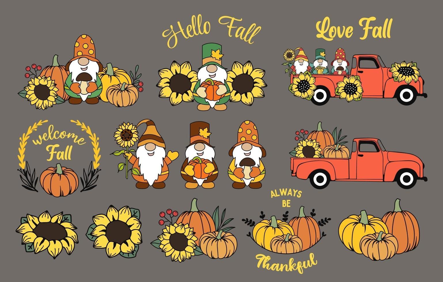 Set of fall elements. Autumn gnomes, pumpkins. Thanksgiving. vector