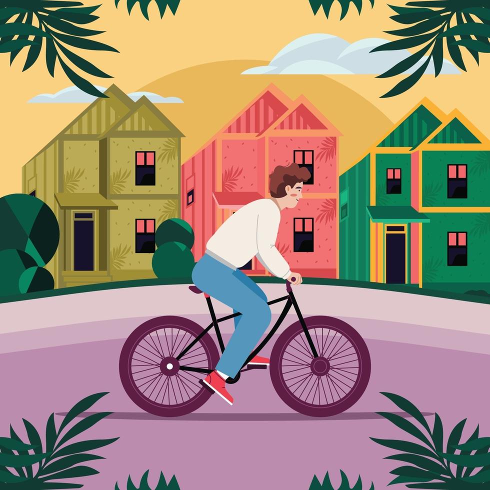 El hombre monta su bicicleta en el barrio. vector