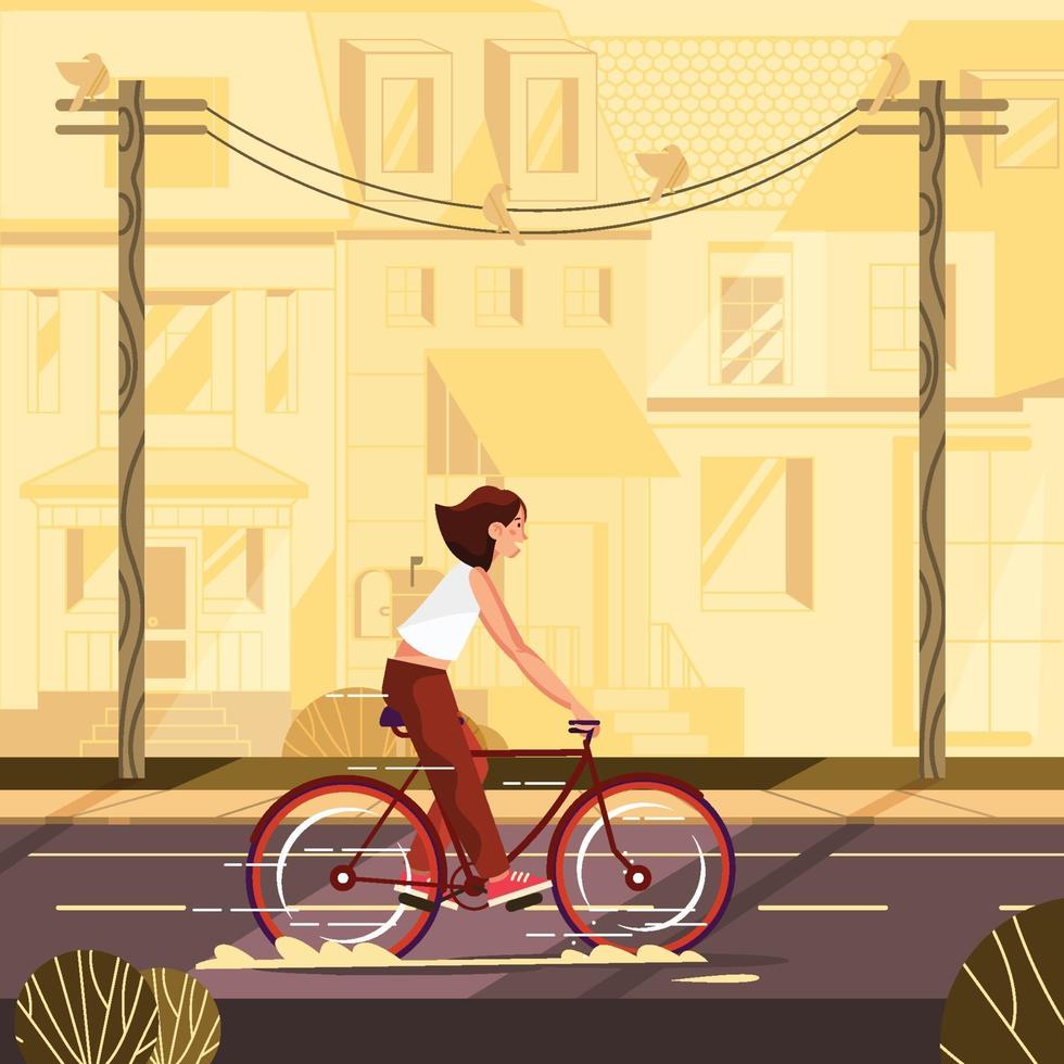 Girl Rides a Bike in Neighborhood vector