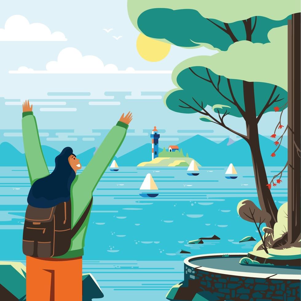 Happy Girl Travel Alone to See Ocean View vector