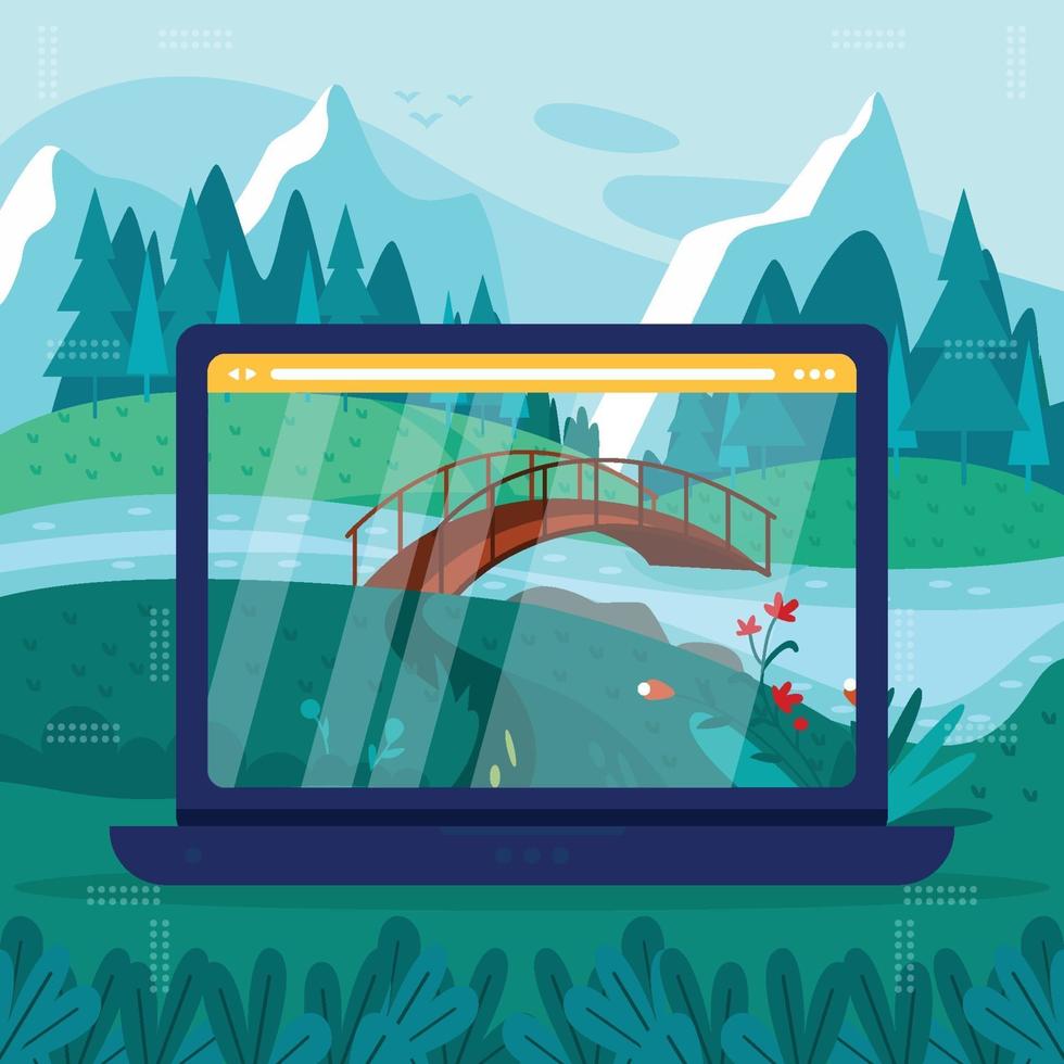 Virtual Walking in Nature with Laptop vector
