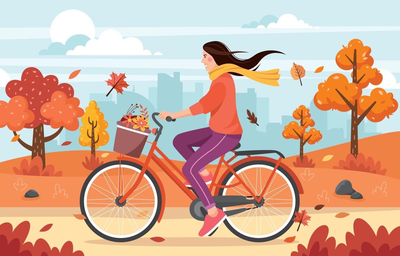 Hermosa mujer montando bicicleta en el parque de otoño vector