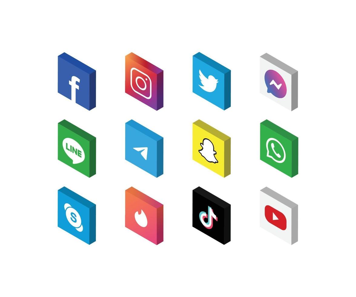 Social media icon set 3D isometric view, isolated vector illustration