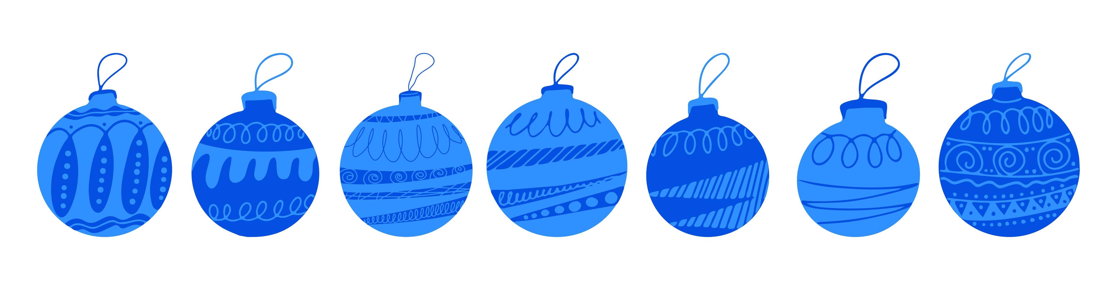 Set of blue hand drawn Christmas tree balls with doodle elements vector