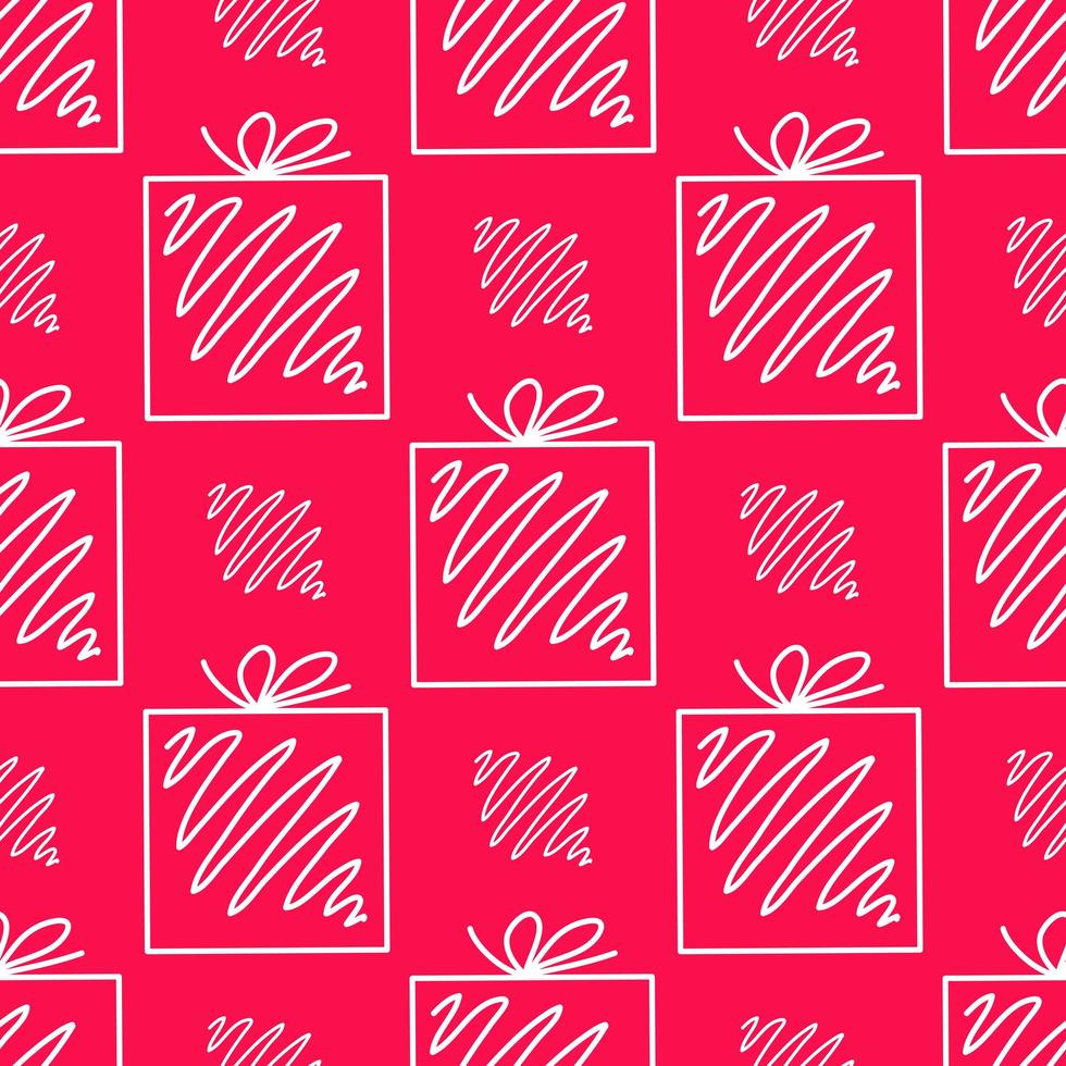 Seamless pattern from white doodle gift boxes on pink background vector