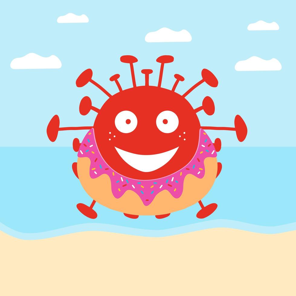 bacterias de coronavirus de dibujos animados rojos en círculo de natación de donas en la playa vector