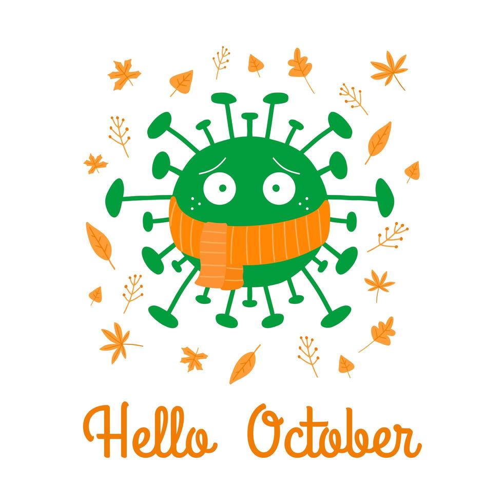Hello october. Cartoon coronavirus in orange scarf with autumn leaves