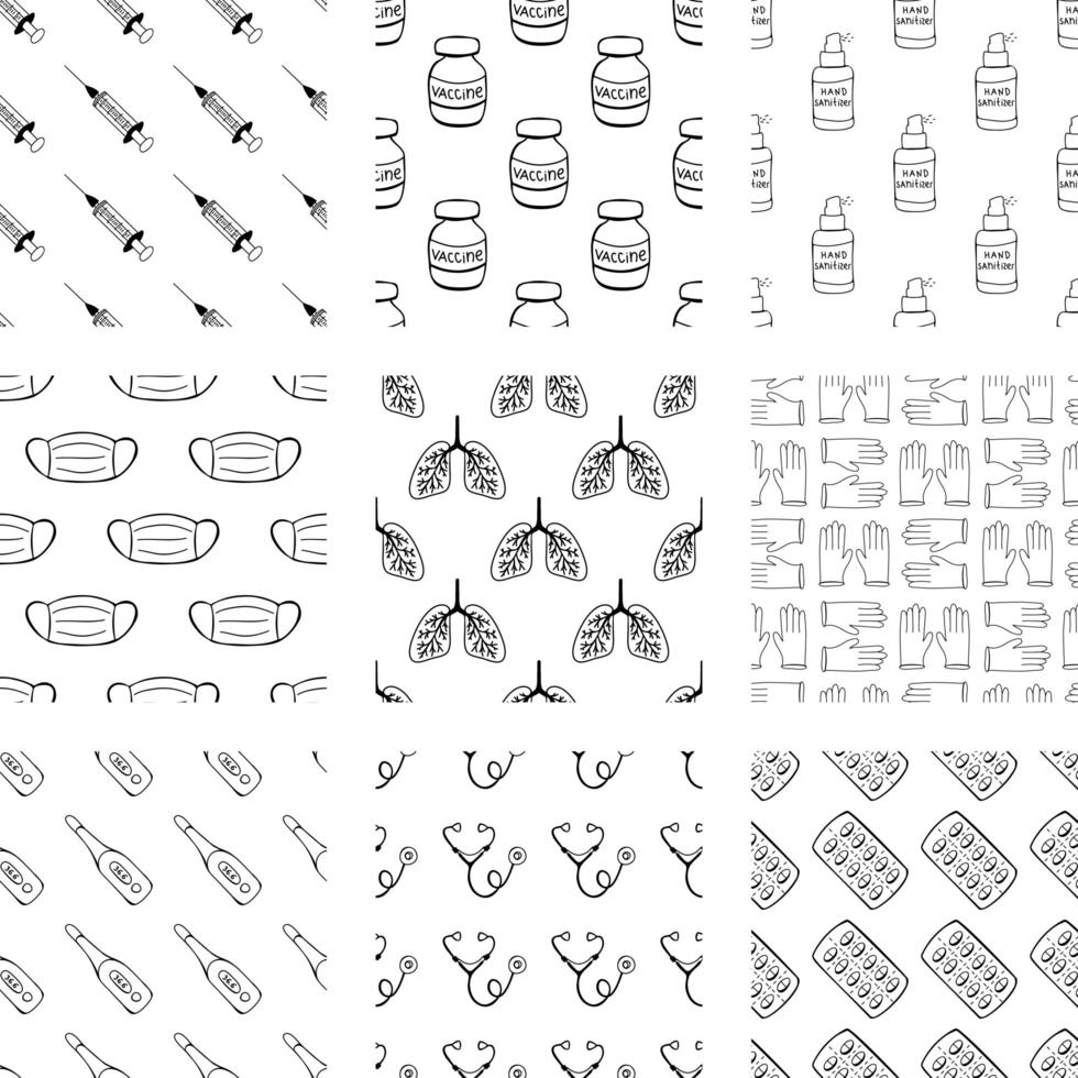 Medical set of seamless patterns from hand drawn doodle elements. vector