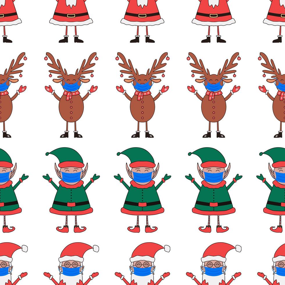 Christmas seamless pattern from Santa Claus, Elf and Deer in blue mask vector
