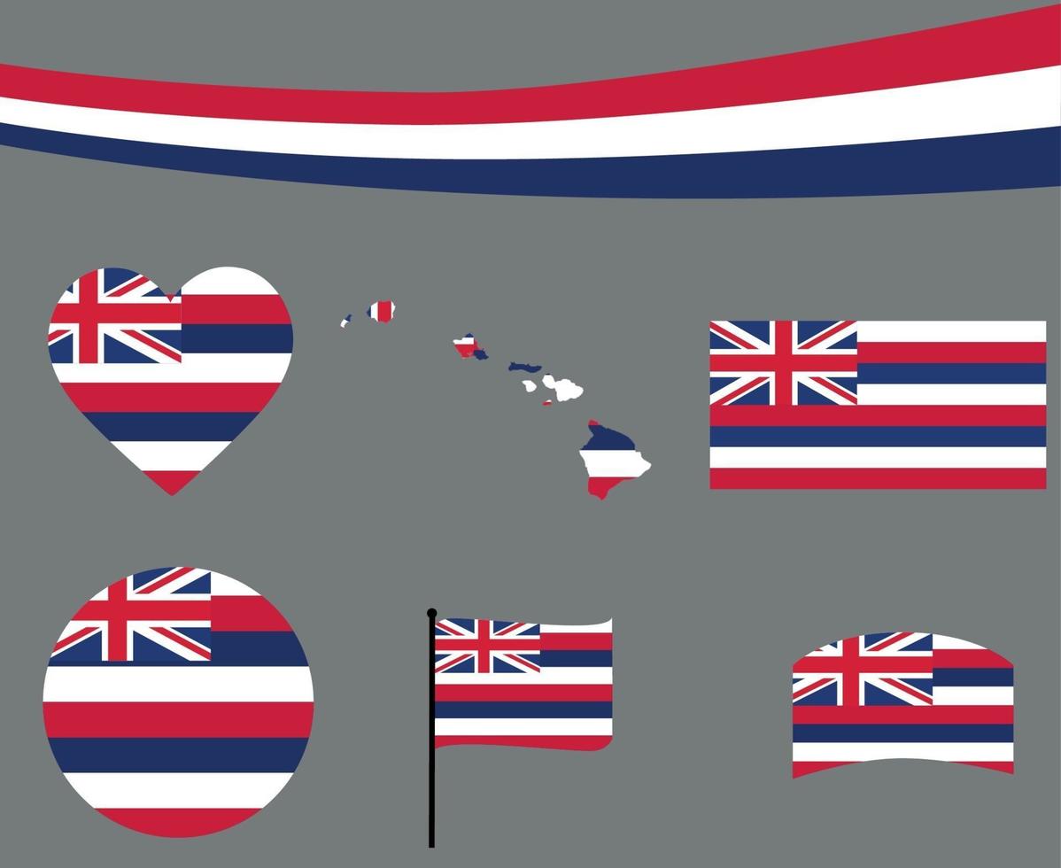 Hawaii Flag Map Ribbon And Heart Icons Vector Illustration Abstract