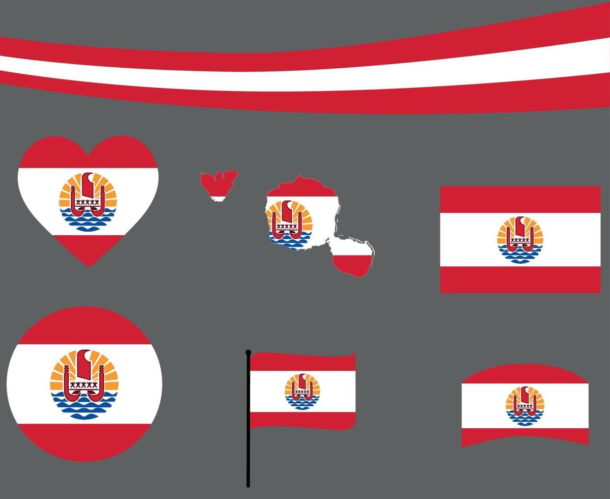 Polinesia francesa bandera mapa cinta y corazón iconos signos vectoriales resumen vector