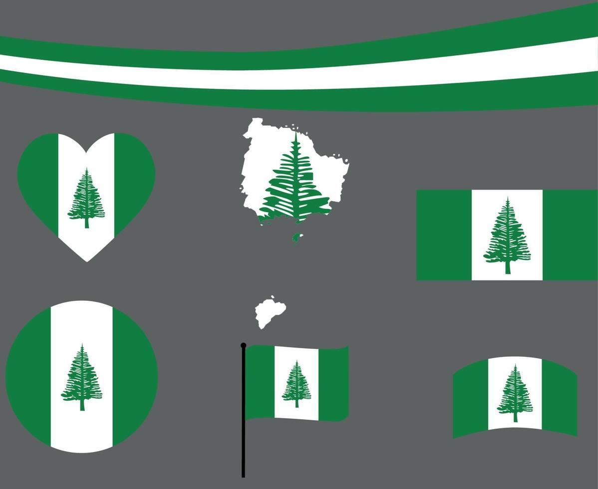 Norfolk Island Flag Map Ribbon And Heart Icons Vector Abstract