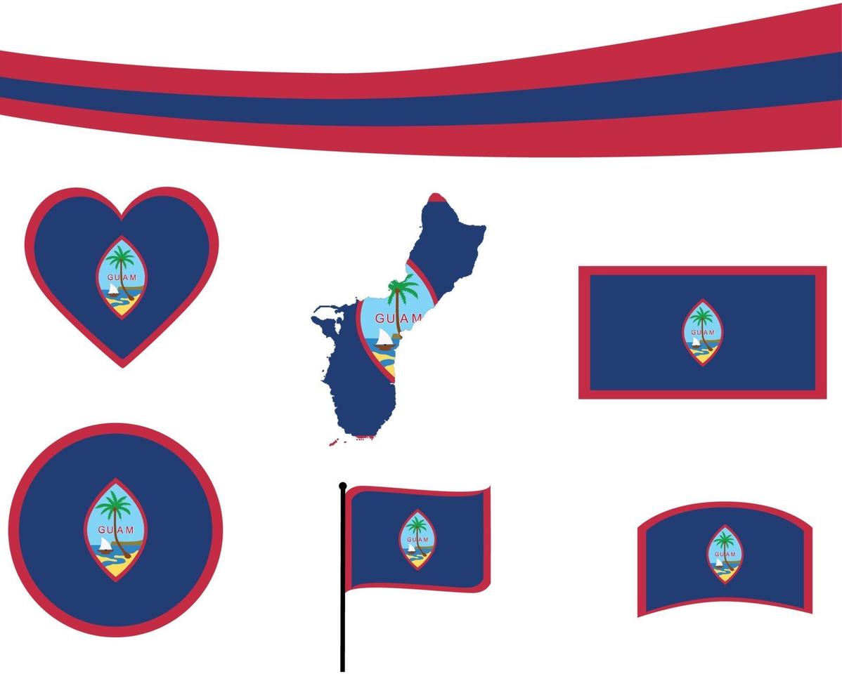 Guam Flag Map Ribbon Heart Icons Vector Illustration Abstract Emblem