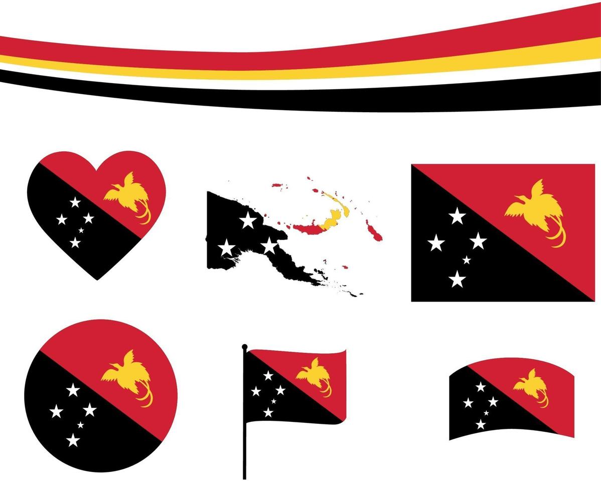 papua nueva guinea, bandera, mapa, cinta, y, corazón, iconos, vector, extracto vector