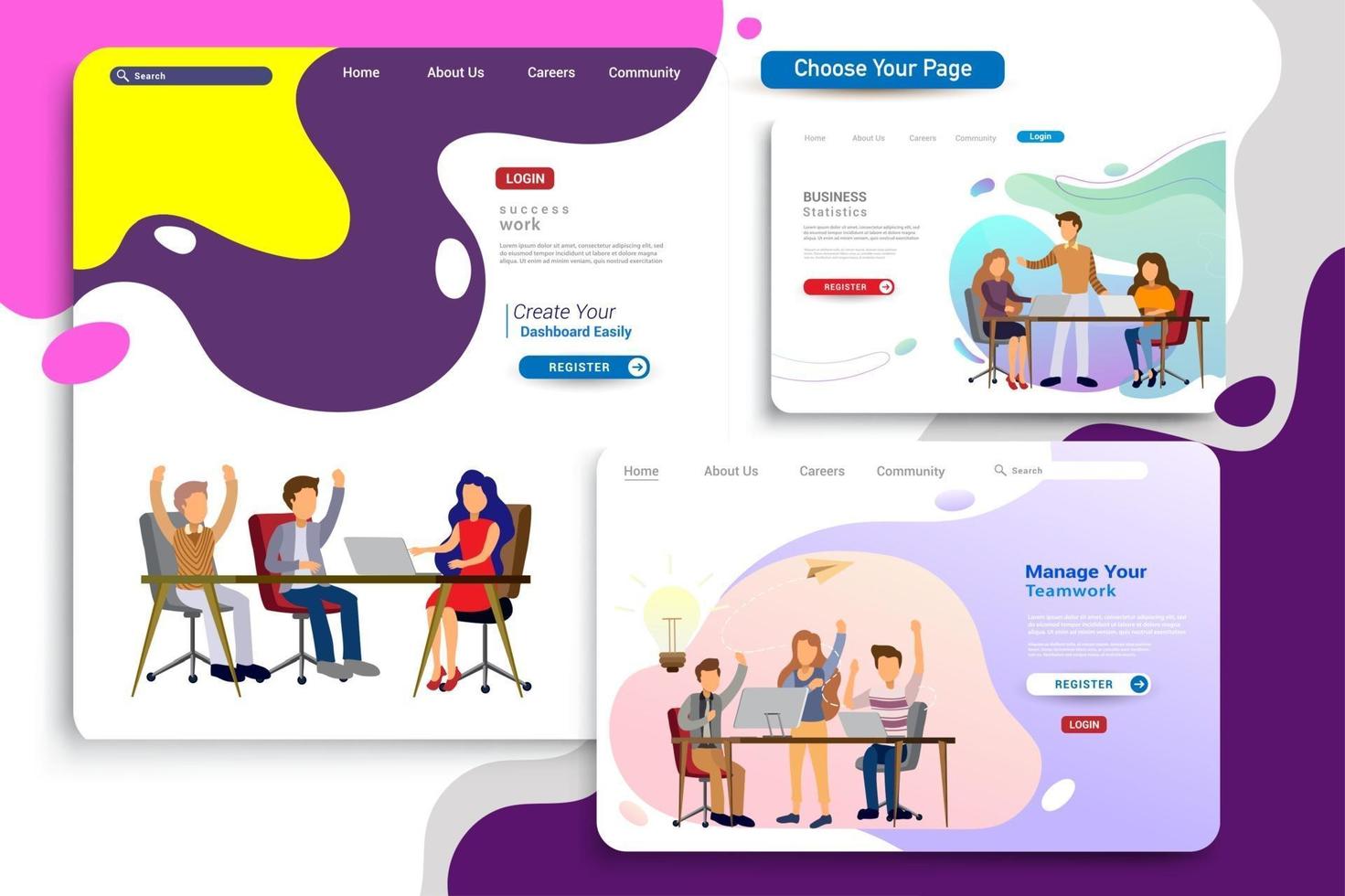 conjunto de plantillas de diseño de página de destino, estrategia empresarial y análisis. vector