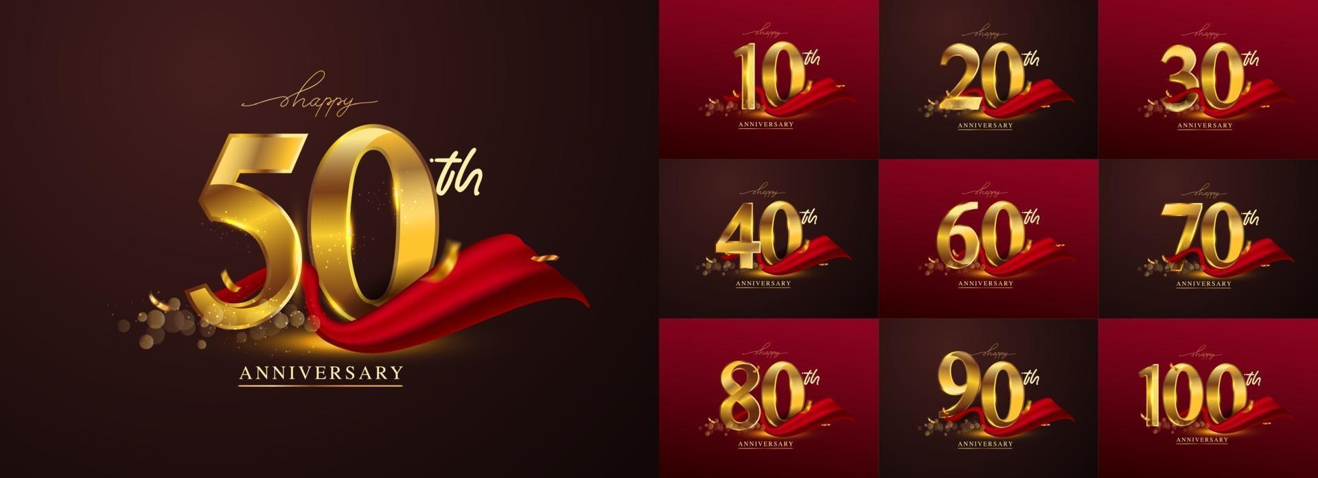 Set of anniversary logotype and red ribbon. vector