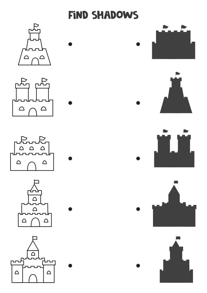 Find the correct shadows of black and white sand castles. vector