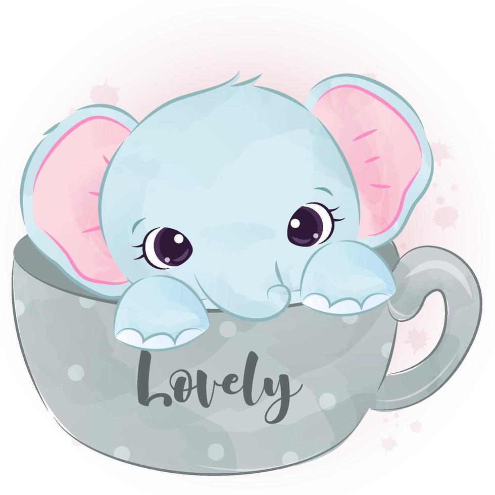 Cute baby elephant in watercolor illustration vector