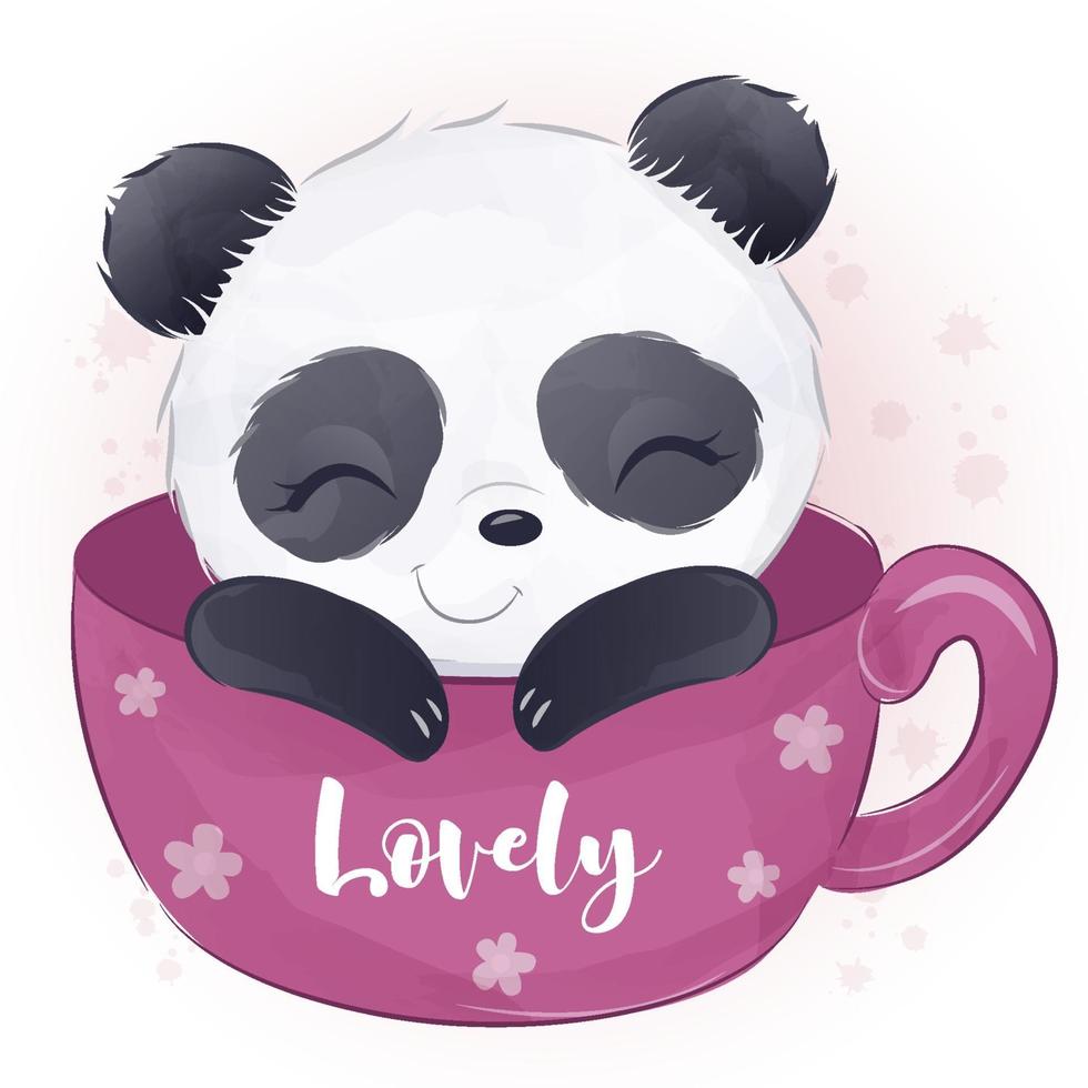 lindo pequeño panda en acuarela ilustración vector