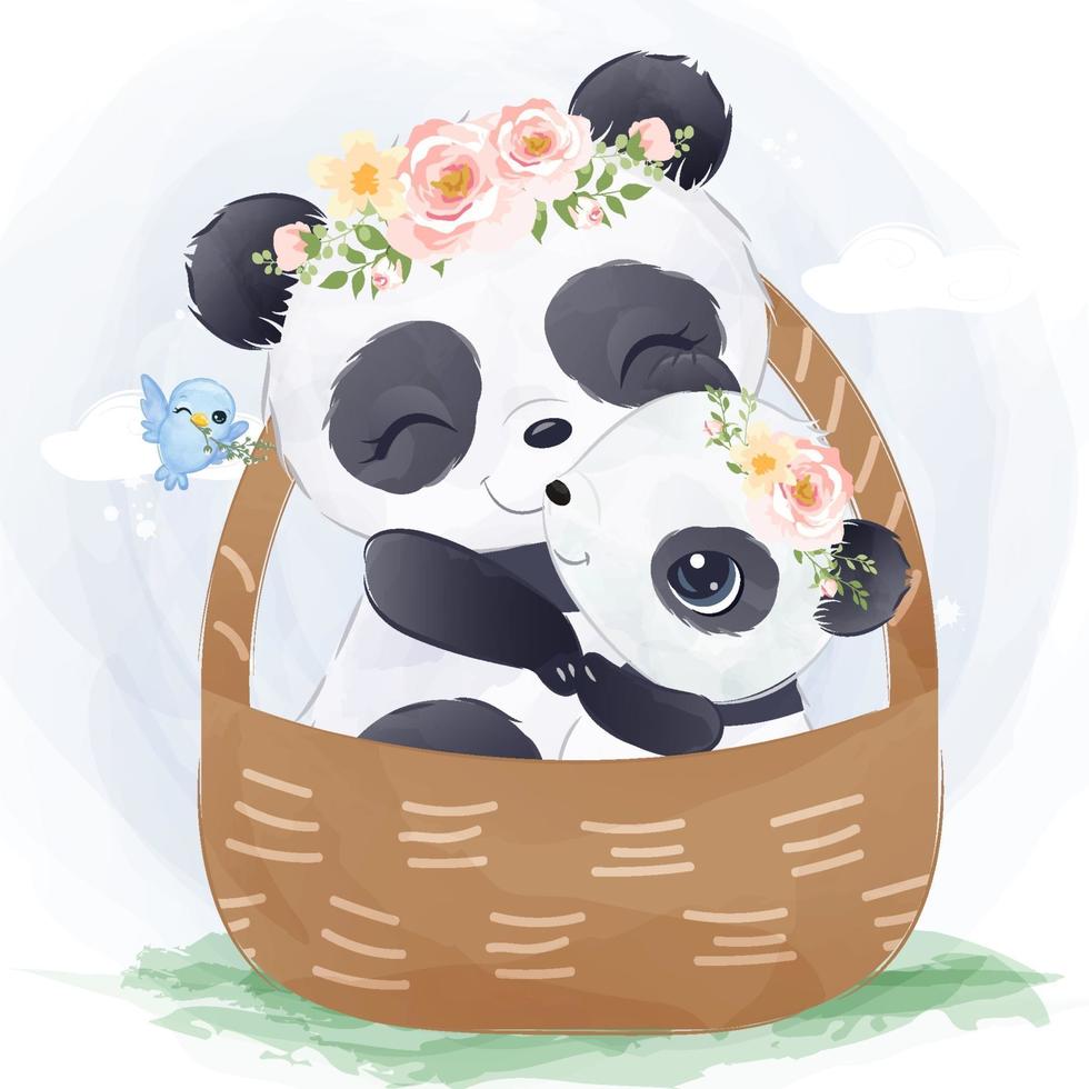 Adorable mom and baby panda in watercolor illustration vector