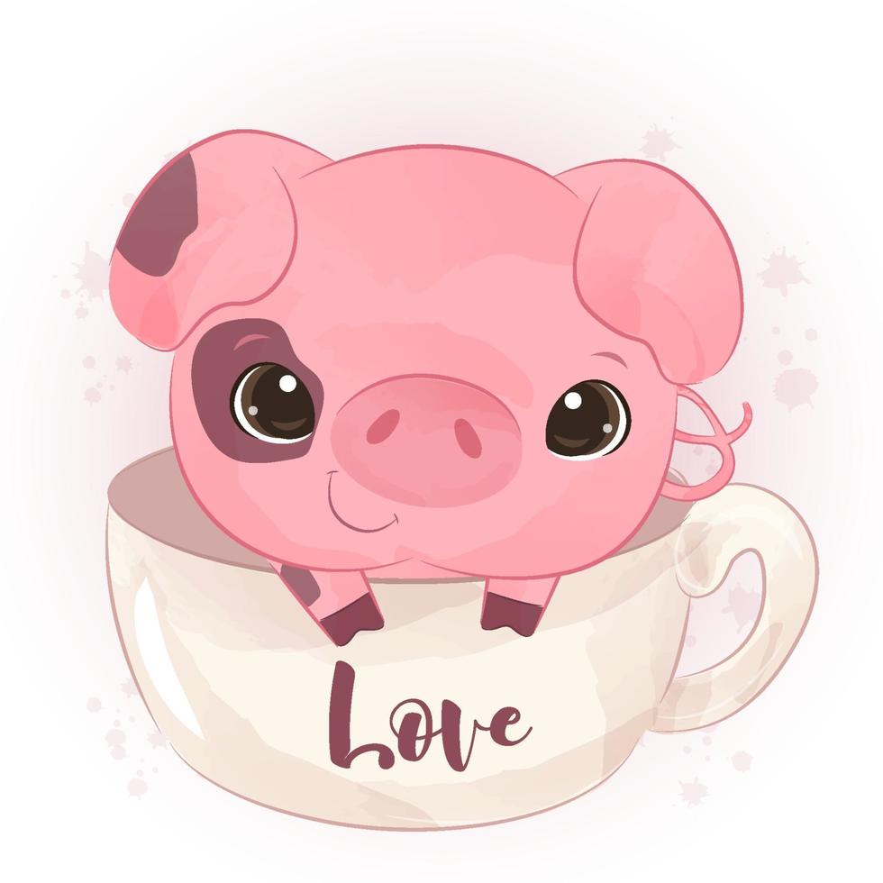 lindo cerdito en acuarela ilustración vector