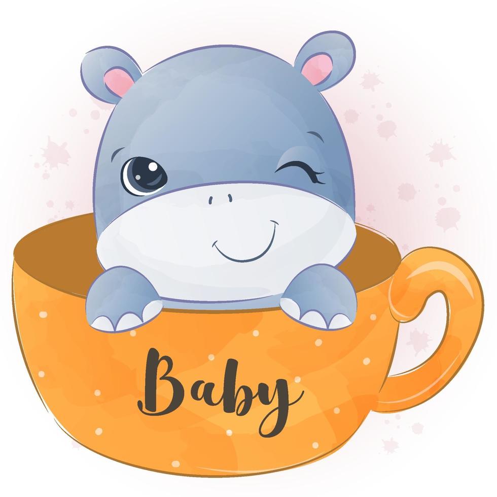 Cute little hippo in watercolor illustration vector