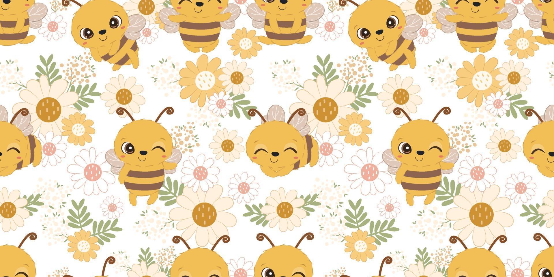 Cute bees seamless pattern vector