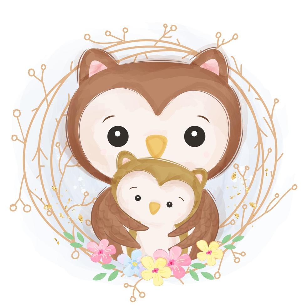 Cute mom and baby owl in watercolor illustration vector