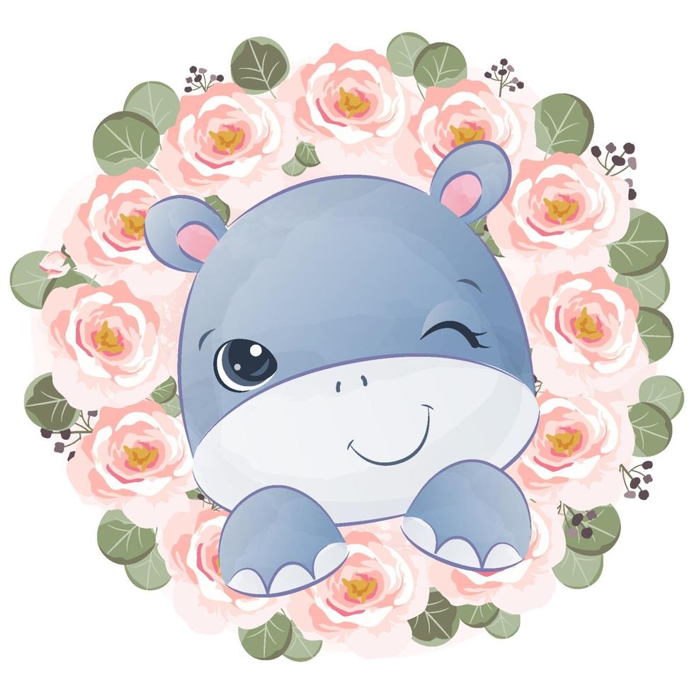 Cute little hippo in watercolor illustration vector