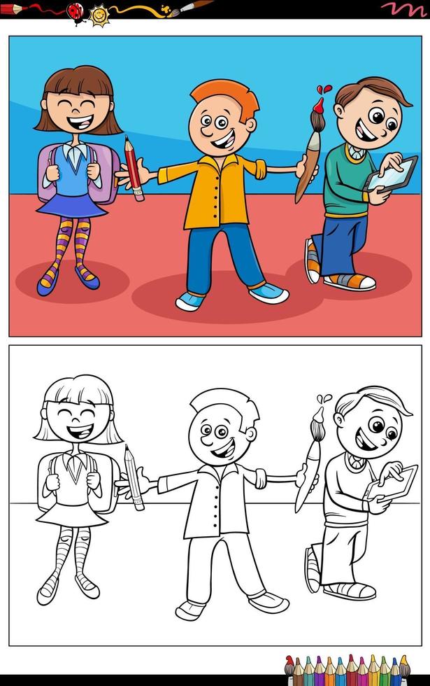 Alumnos de dibujos animados o estudiantes niños página de libro para colorear vector