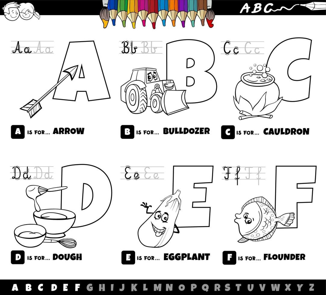 Conjunto de letras del alfabeto de dibujos animados educativos de la a a la f página del libro de color vector