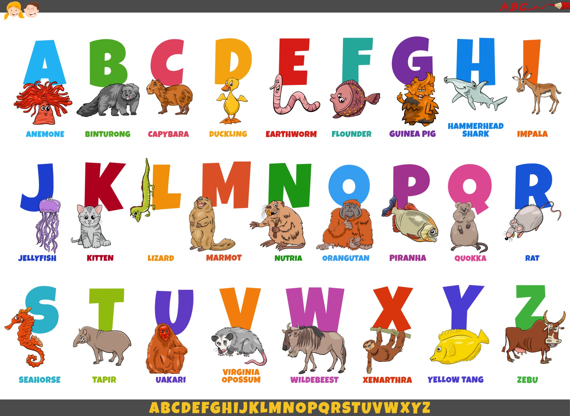 educational cartoon alphabet set with animal characters 3231195 Vector