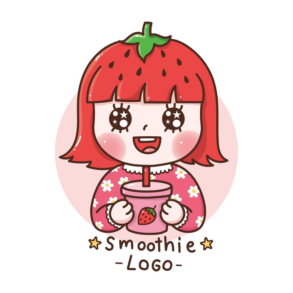 cute girl logo with hair strawberry drinking a strawberry smoothie. vector