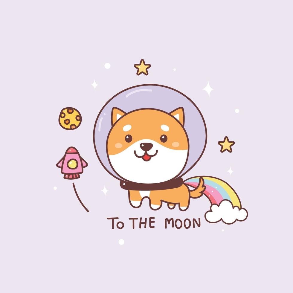 Shiba dog with galaxy and the moon. Doge coin cryptocurrency cartoon. vector