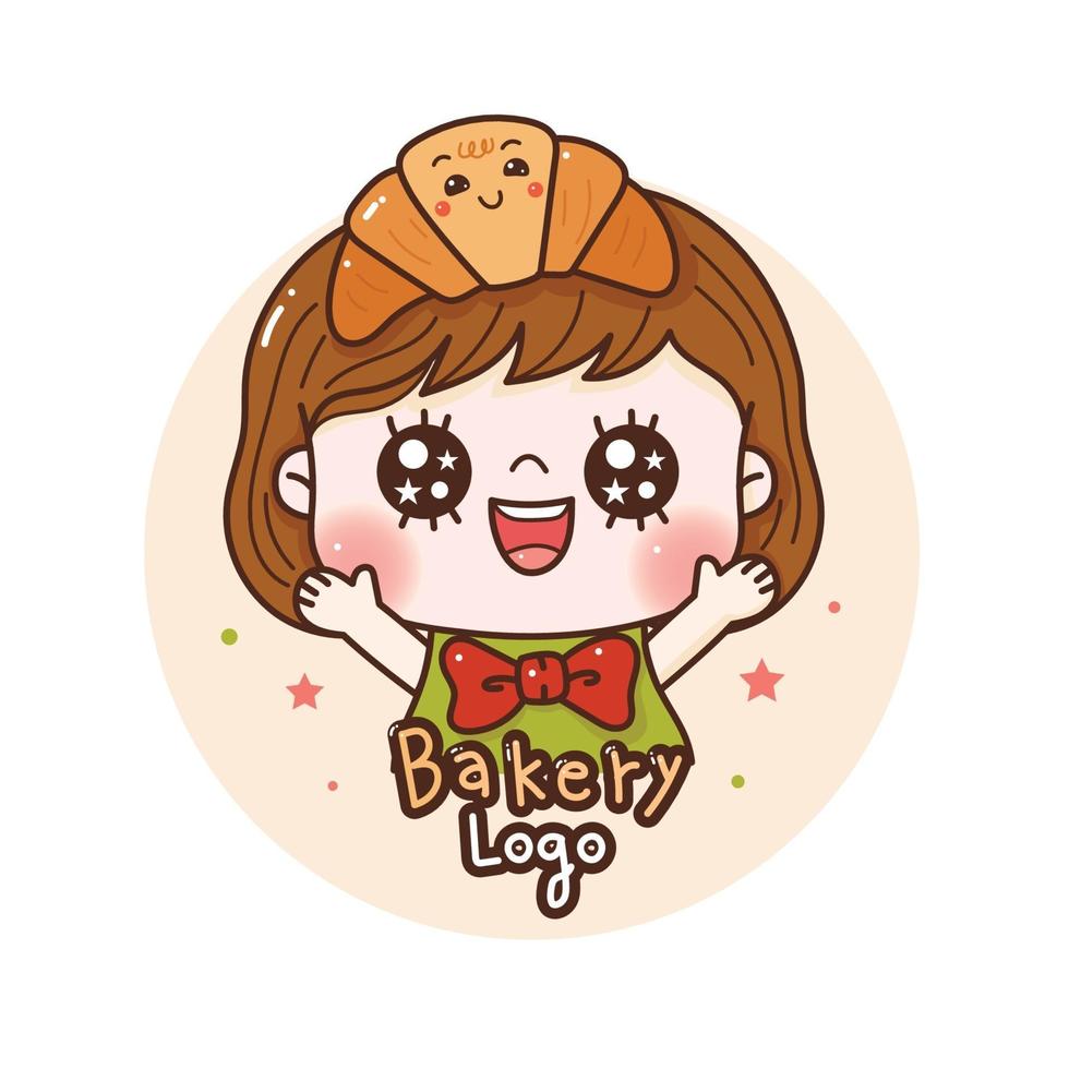 Cute girl happy with croissant . Logo for bakery. vector