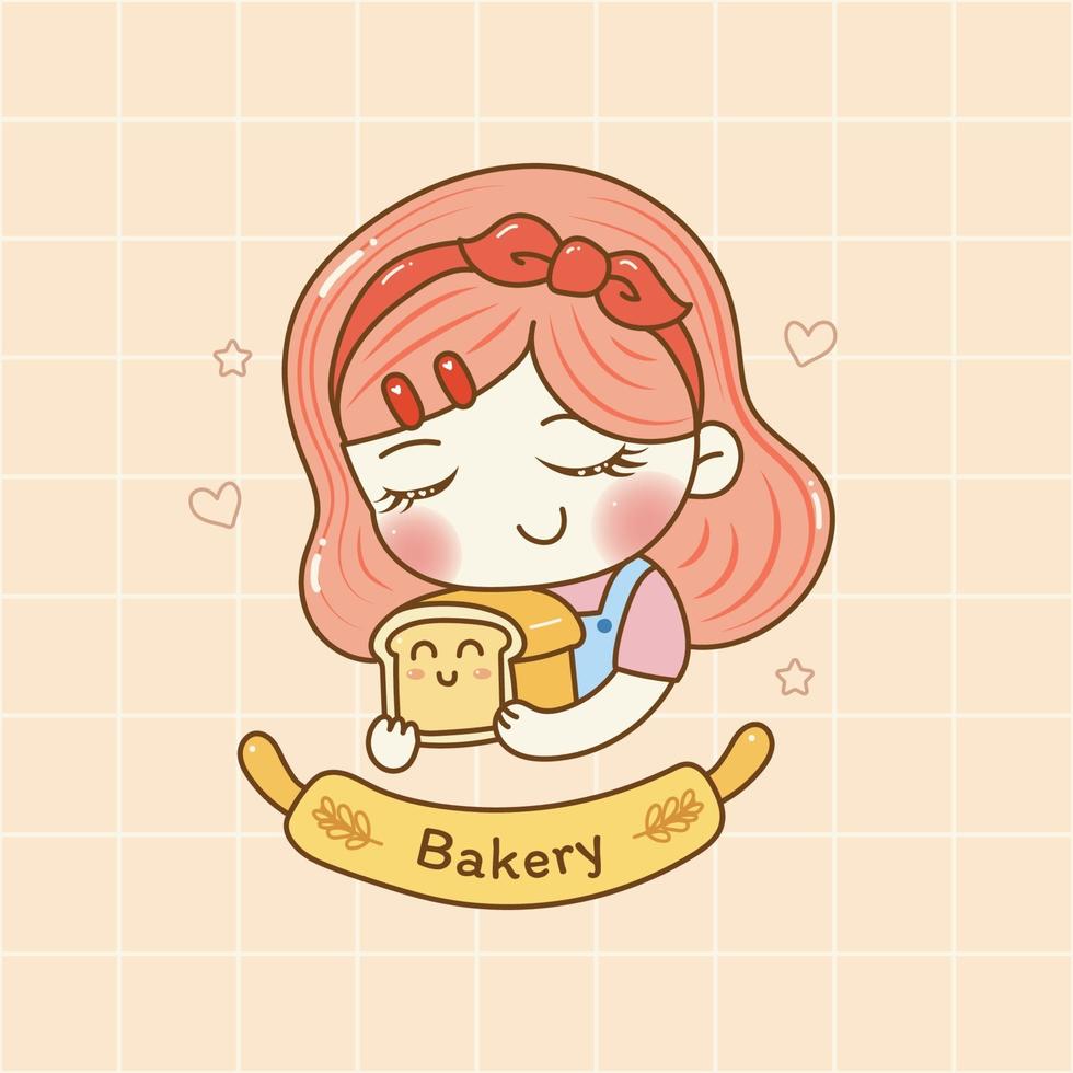 Cute girl logo for bakery store. cartoon hand draw. vector