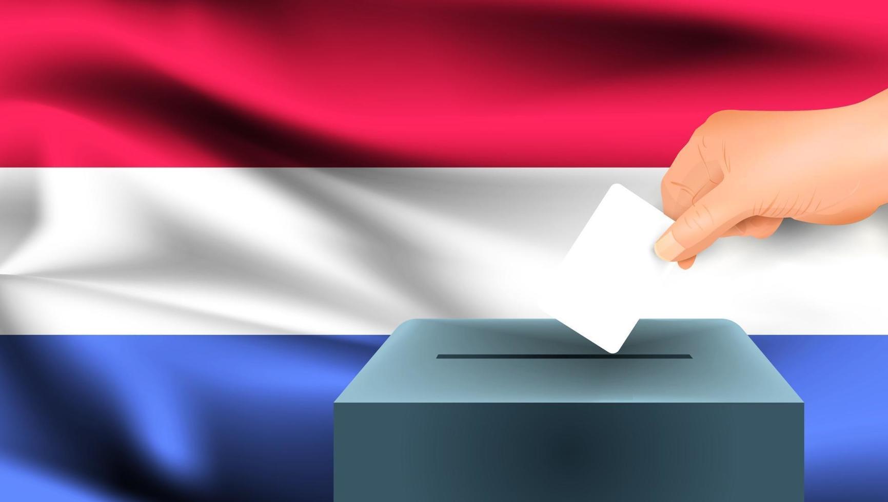 Netherlands flag, male hand voting with Netherlands flag background vector