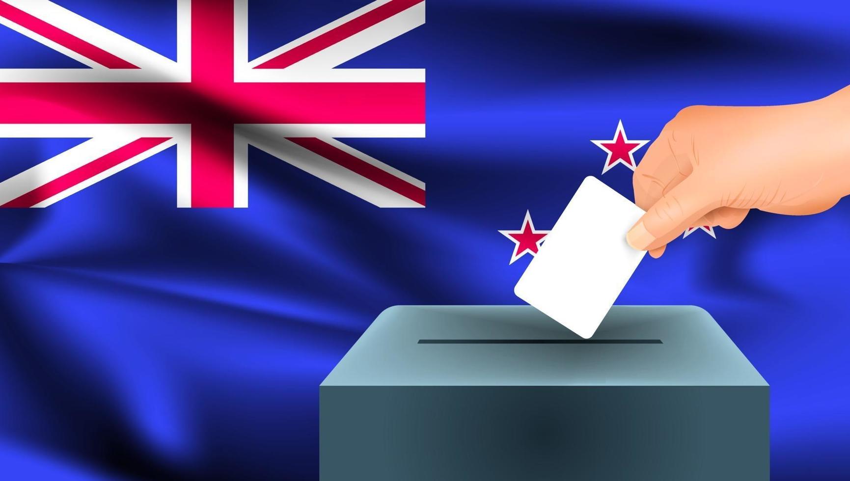 bandera de nueva zelanda, mano masculina votando con fondo de bandera de nueva zelanda vector