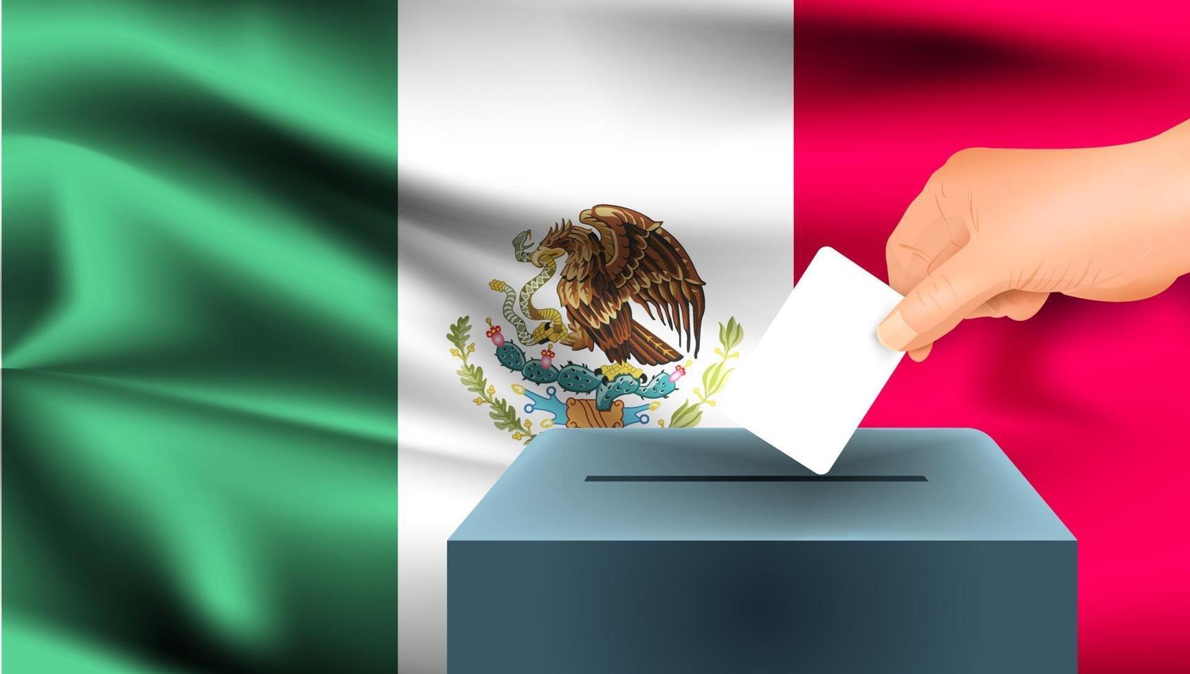 bandera de méxico, mano masculina votando con fondo de idea de concepto de bandera de méxico vector