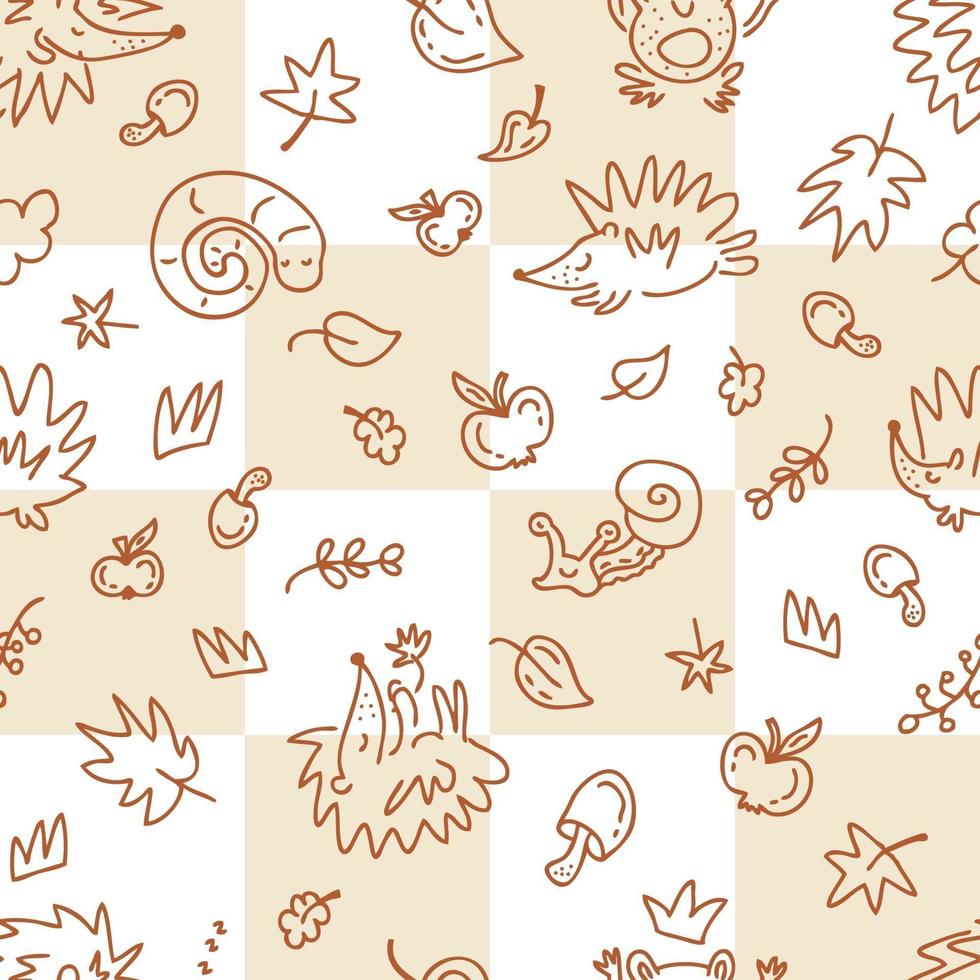 Autumn seamless pattern of hedgehogs on a checkered background vector