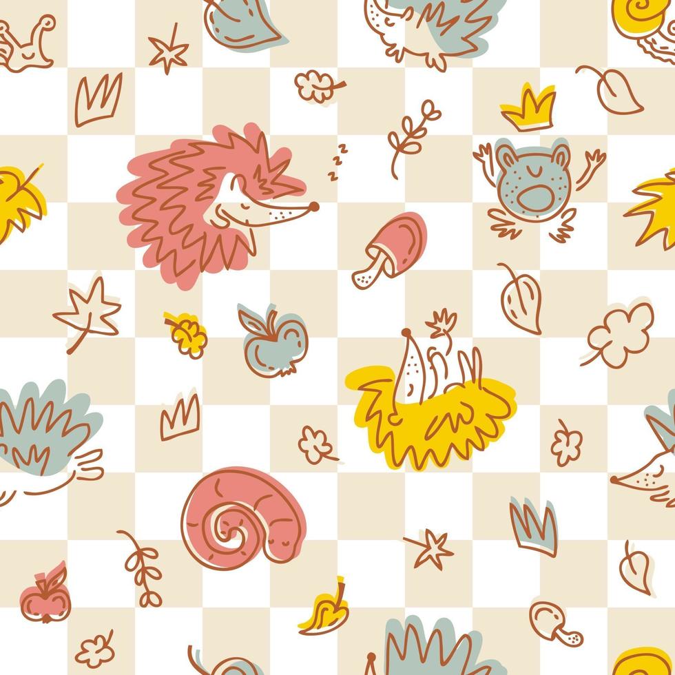 Seamless pattern of hedgehogs on a checkered background vector