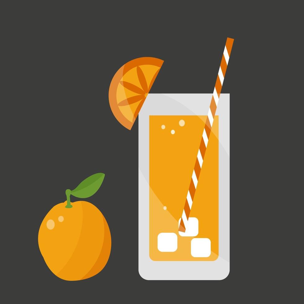 Orange juice with straw, ice, slice fruit on black vector