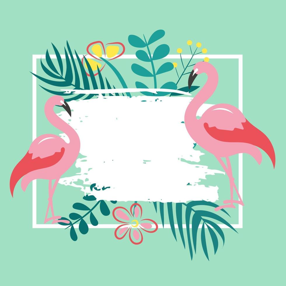 flamencos rosados, plantas tropicales y flores. vector